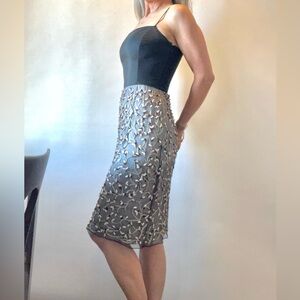 Badgley Mischka Black and Silver Silk Cocktail Dress